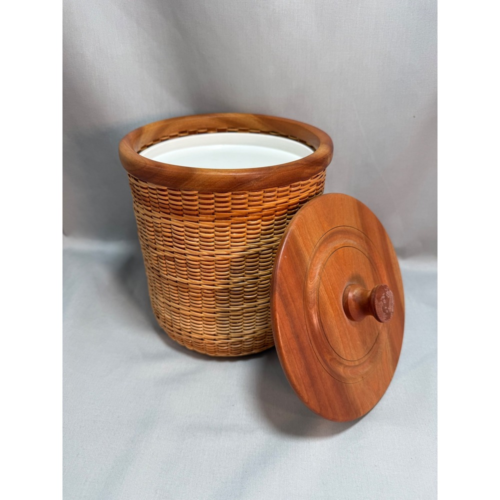 Kraftware Nantucket Ice Bucket Woven Wicker Wood Vintage Barware Coastal Tiki